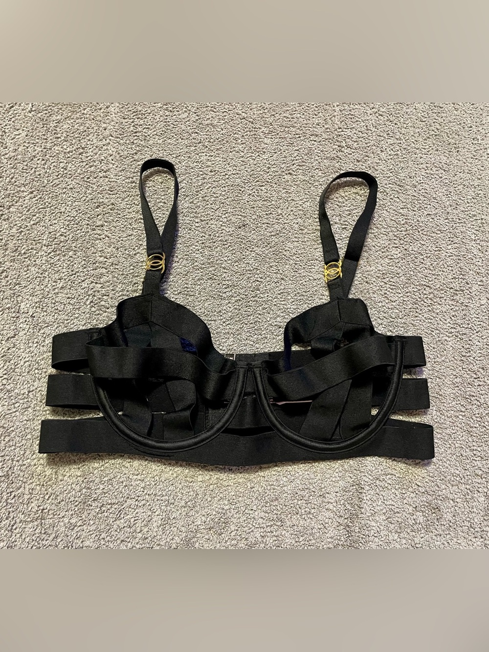 Victoria’s Secret Strappy Open Cup Demi Bra 34B Black Gold NWT 11167678